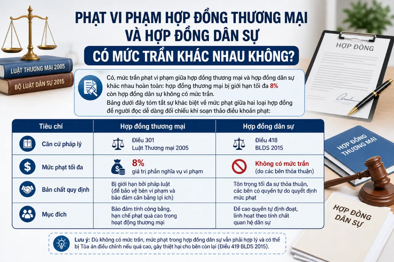 Phạt vi phạm hợp đồng thương mại và hợp đồng dân sự có mức trần khác nhau không?