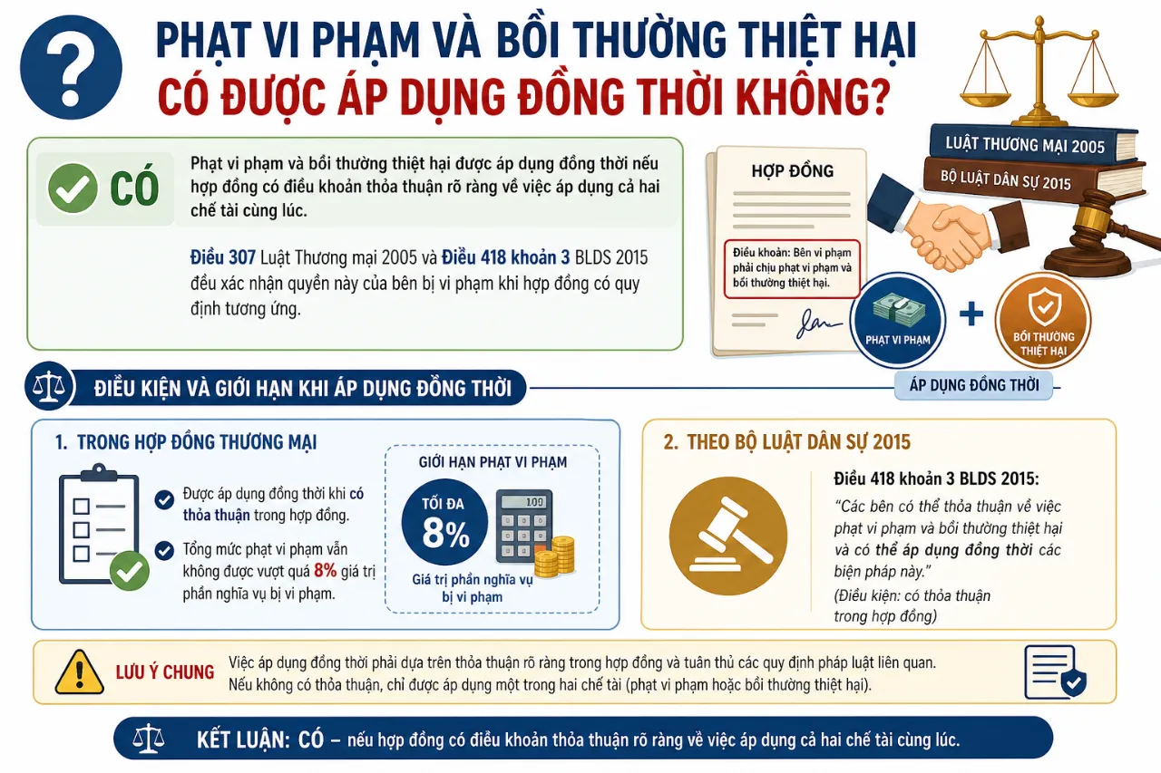 Phạt vi phạm và bồi thường thiệt hại có được áp dụng đồng thời không?