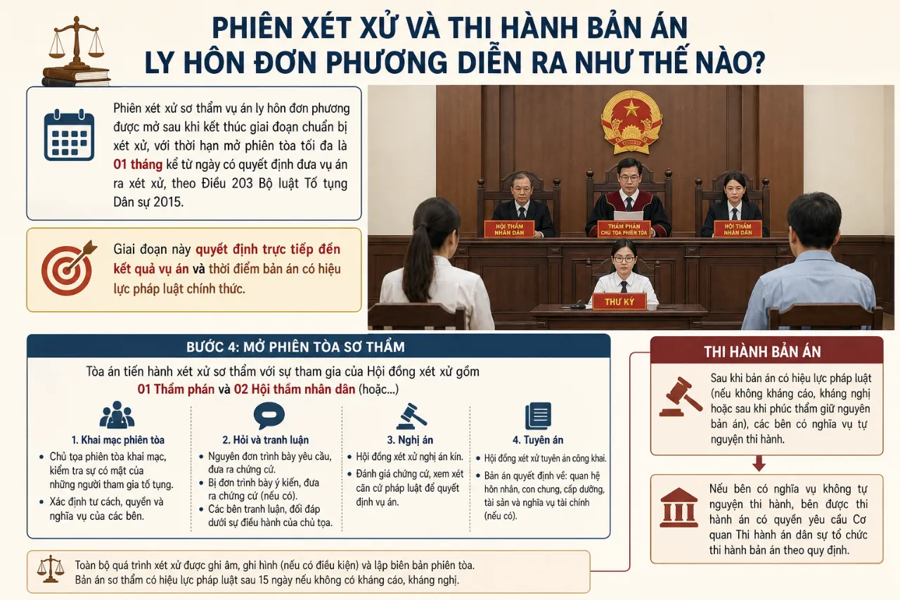 Phiên xét xử và thi hành bản án ly hôn đơn phương diễn ra như thế nào?