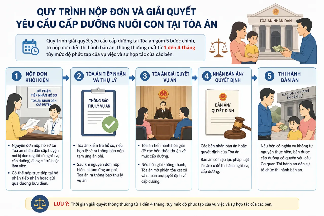 Quy trình nộp đơn và giải quyết yêu cầu cấp dưỡng nuôi con tại Tòa án diễn ra như thế nào?