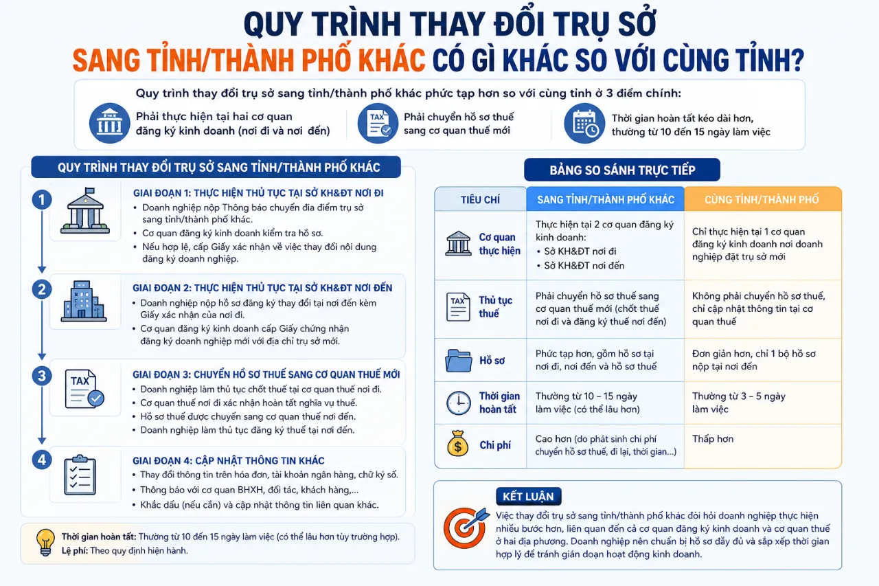 Quy trình thay đổi trụ sở sang tỉnh/thành phố khác có gì khác so với cùng tỉnh?