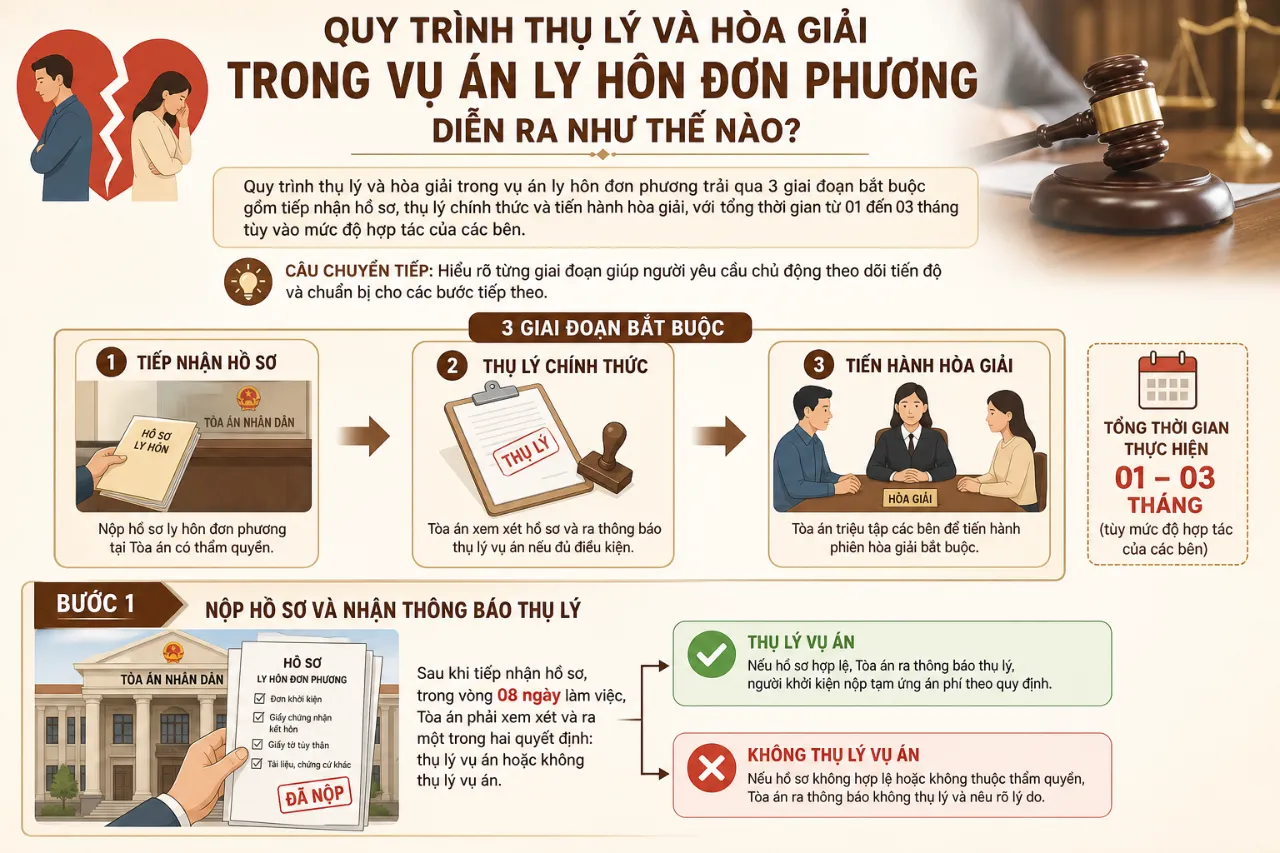 Quy trình thụ lý và hòa giải trong vụ án ly hôn đơn phương diễn ra như thế nào?