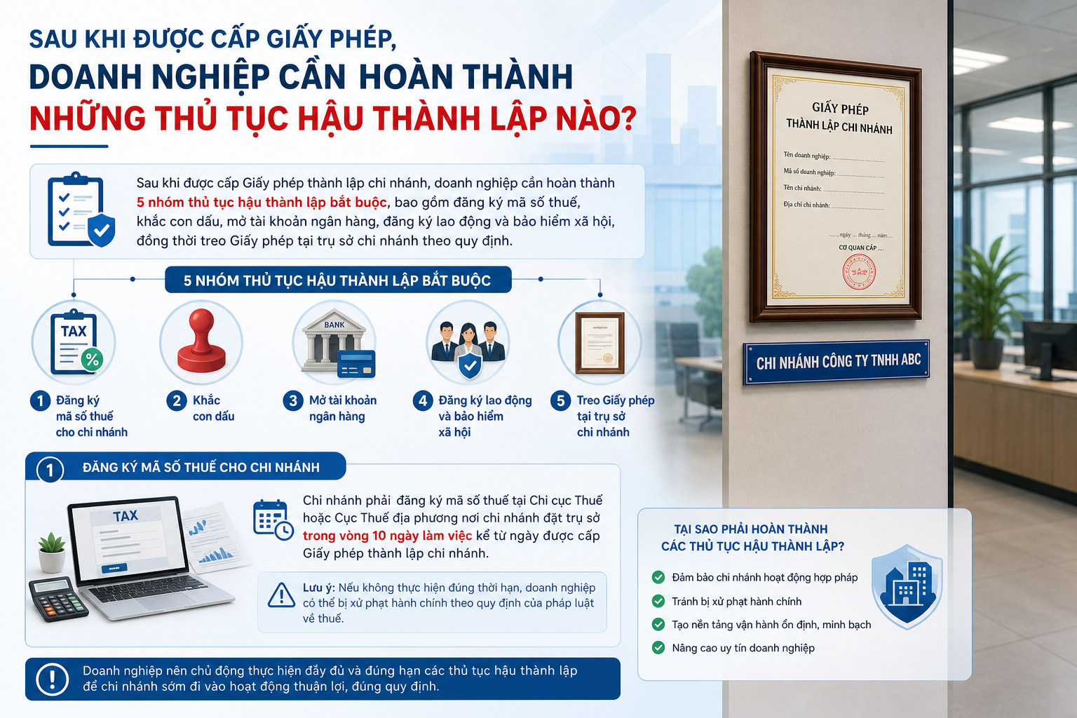 Sau khi được cấp Giấy phép, doanh nghiệp cần hoàn thành những thủ tục hậu thành lập nào?
