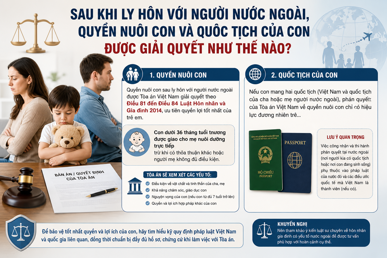 Sau khi ly hôn với người nước ngoài, quyền nuôi con và quốc tịch của con được giải quyết như thế nào?