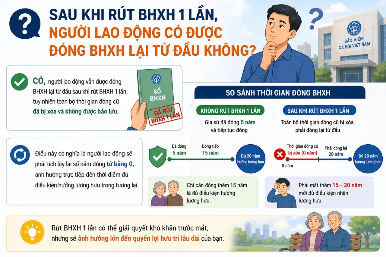 Sau khi rút BHXH 1 lần, người lao động có được đóng BHXH lại từ đầu không?
