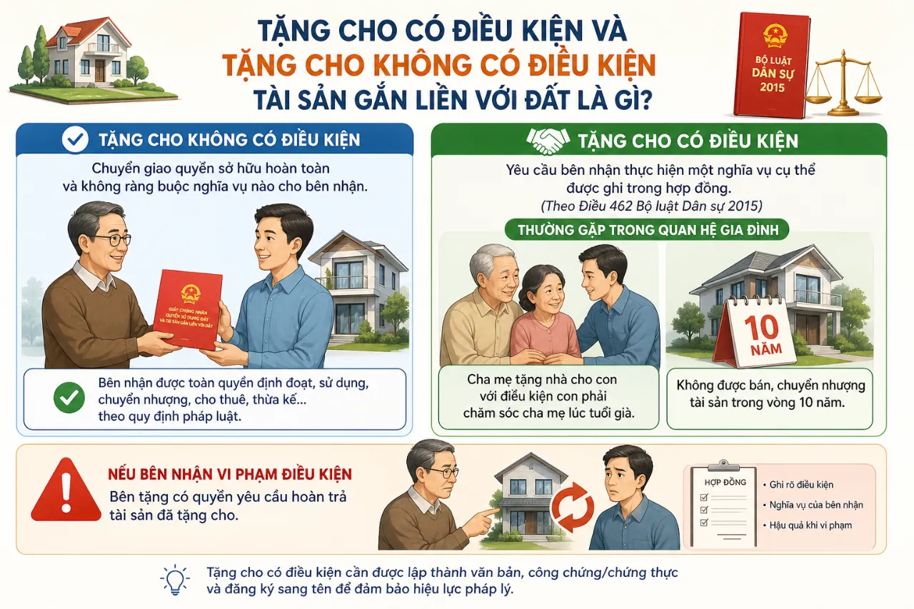 Tặng cho có điều kiện và tặng cho không có điều kiện tài sản gắn liền với đất là gì?