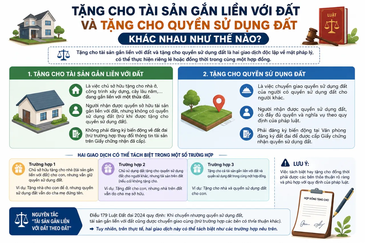 Tặng cho tài sản gắn liền với đất và tặng cho quyền sử dụng đất khác nhau như thế nào?