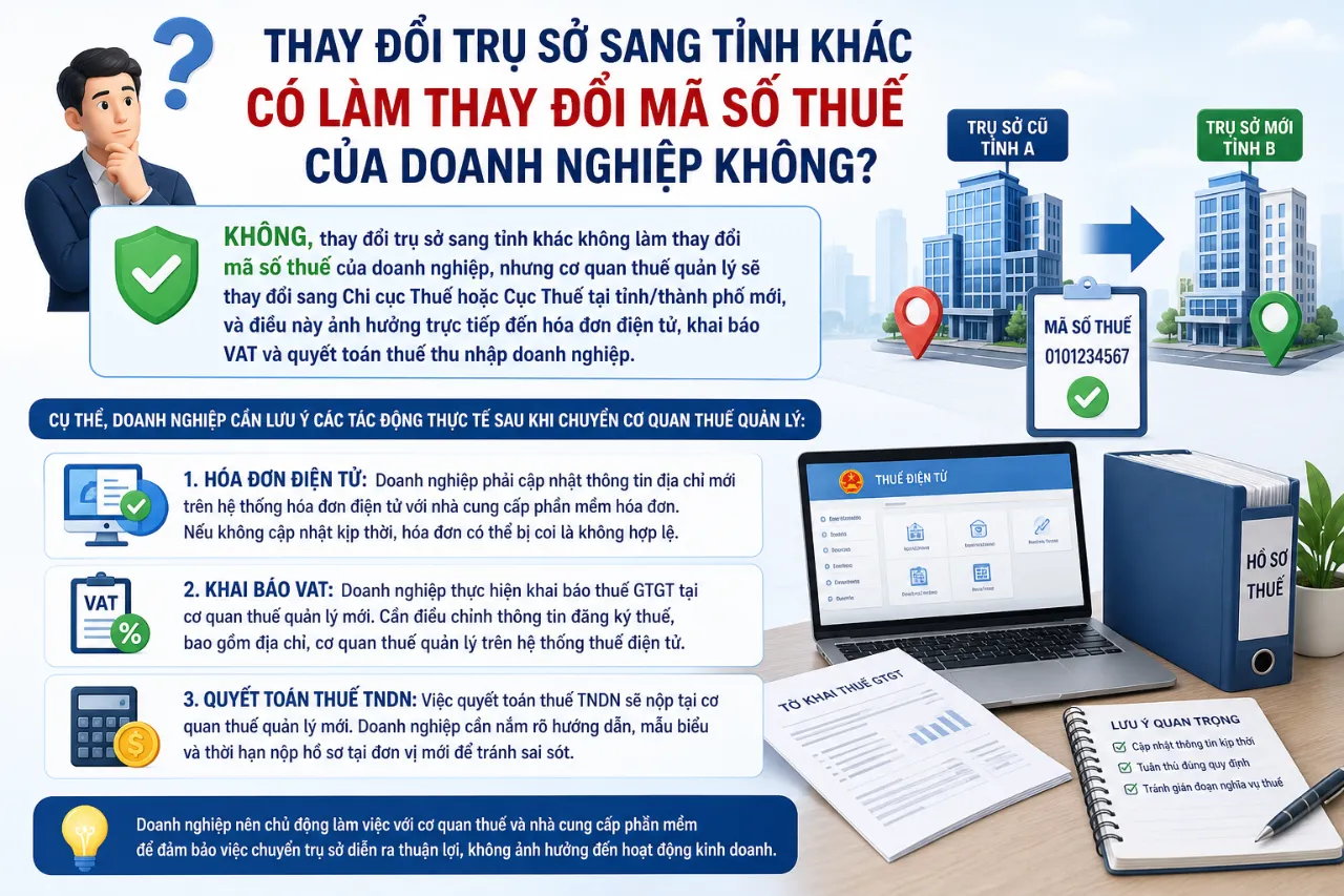 Thay đổi trụ sở sang tỉnh khác có làm thay đổi mã số thuế của doanh nghiệp không?