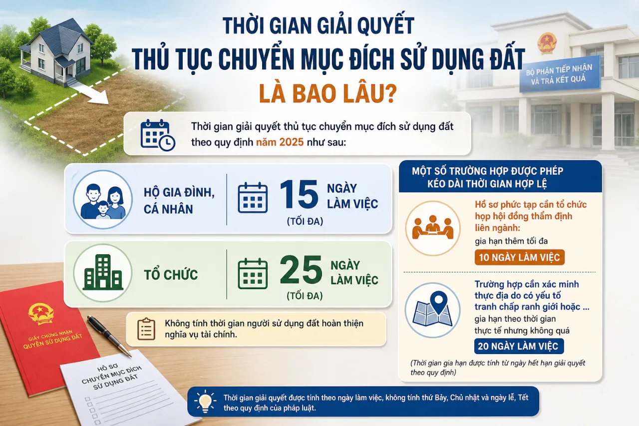 Thời gian giải quyết thủ tục chuyển mục đích sử dụng đất là bao lâu?