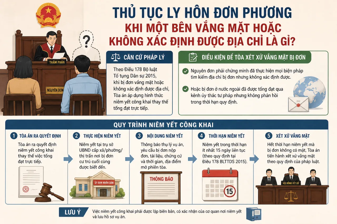 Thủ tục ly hôn đơn phương khi một bên vắng mặt hoặc không xác định được địa chỉ là gì?