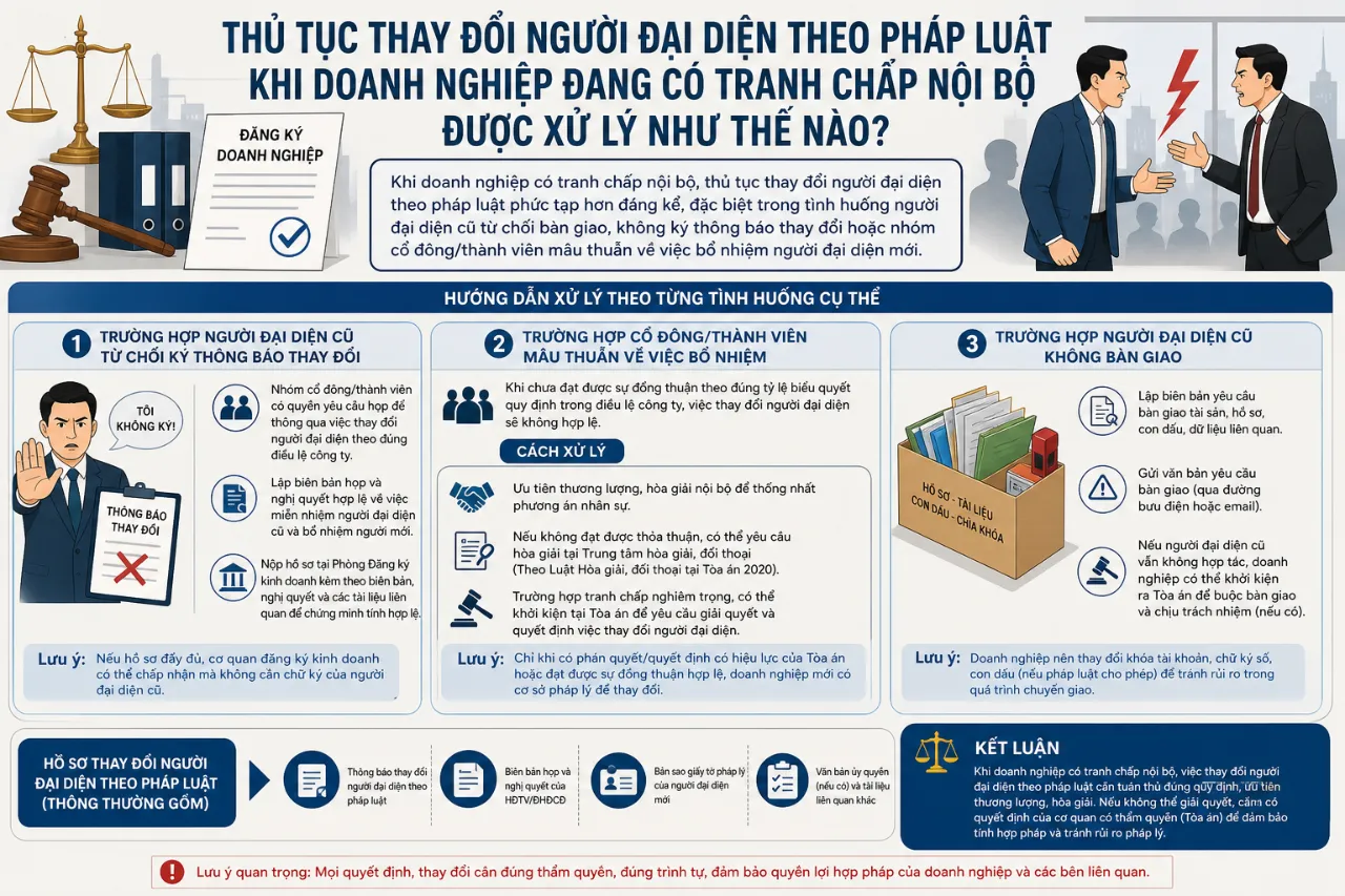 Thủ tục thay đổi người đại diện theo pháp luật khi doanh nghiệp đang có tranh chấp nội bộ được xử lý như thế nào?