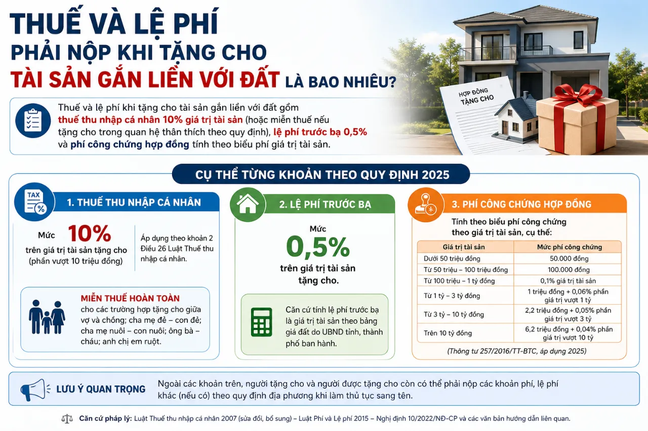 Thuế và lệ phí phải nộp khi tặng cho tài sản gắn liền với đất là bao nhiêu?