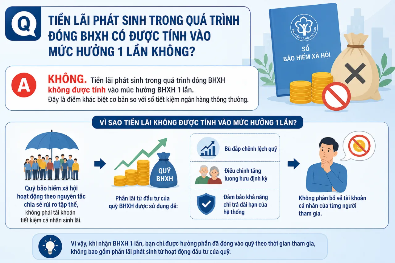 Tiền lãi phát sinh trong quá trình đóng BHXH có được tính vào mức hưởng 1 lần không?