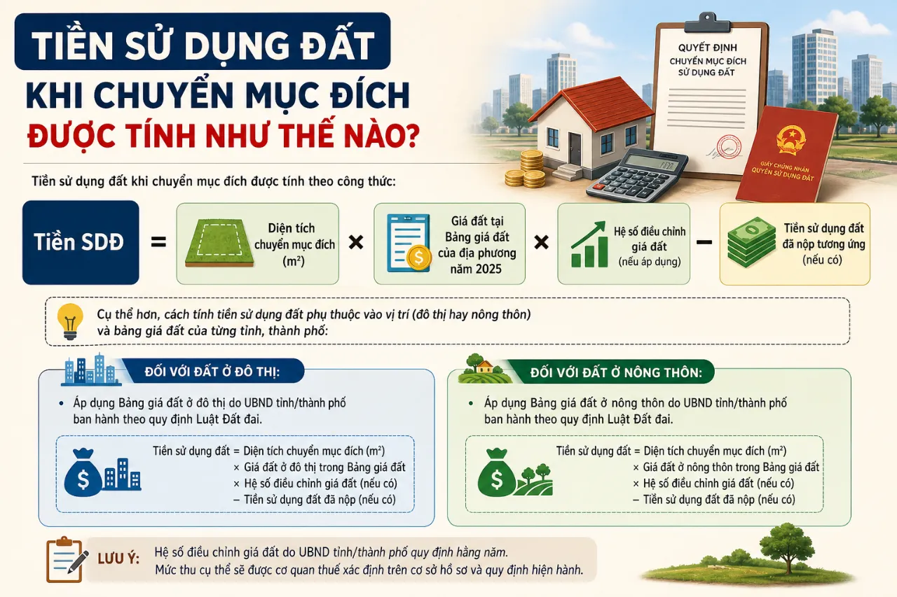 Tiền sử dụng đất khi chuyển mục đích được tính như thế nào?