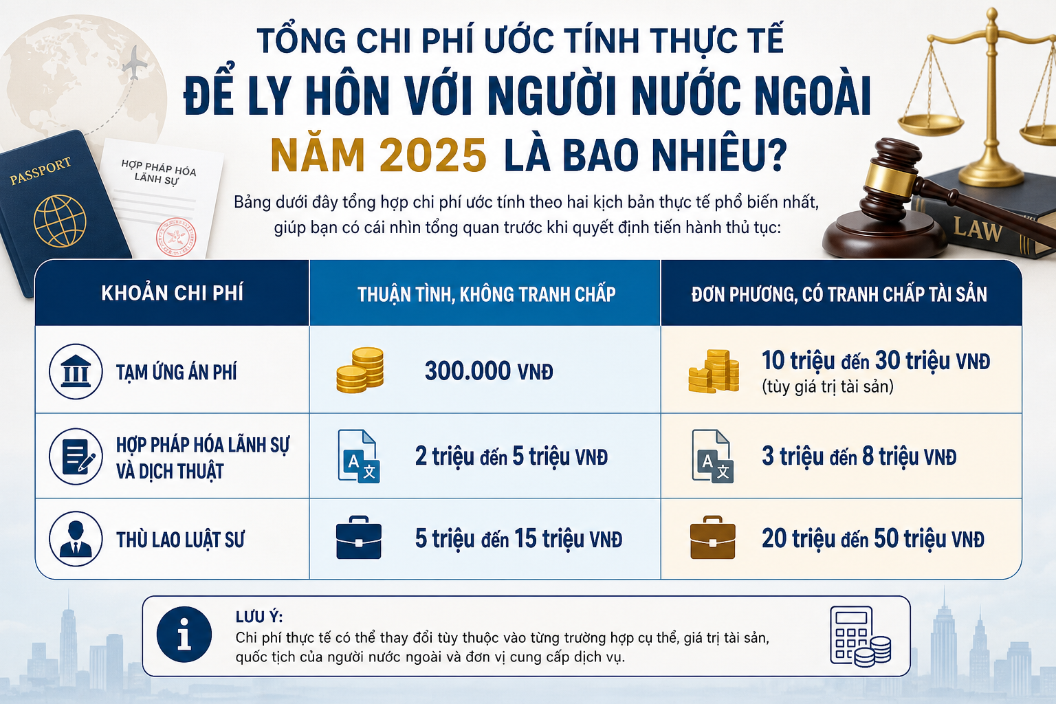 Tổng chi phí ước tính thực tế để ly hôn với người nước ngoài năm 2025 là bao nhiêu?