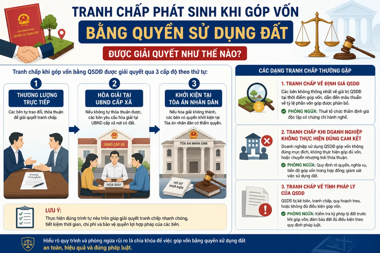 Tranh chấp phát sinh khi góp vốn bằng quyền sử dụng đất được giải quyết như thế nào?