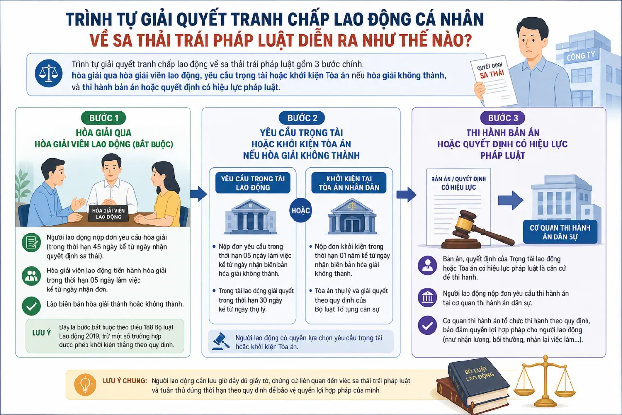 Trình tự giải quyết tranh chấp lao động cá nhân về sa thải trái pháp luật diễn ra như thế nào?
