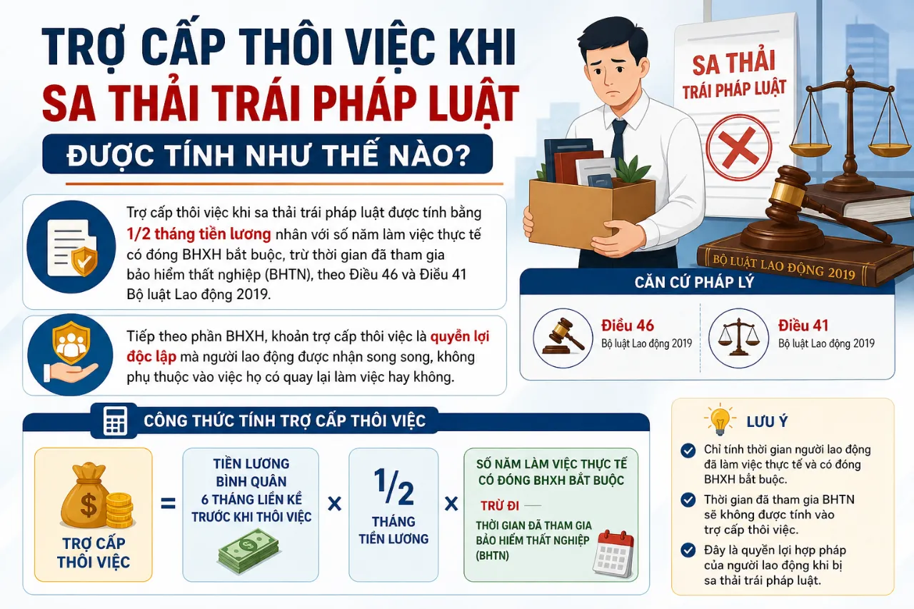 Trợ Cấp Thôi Việc Khi Sa Thải Trái Pháp Luật Được Tính Như Thế Nào?