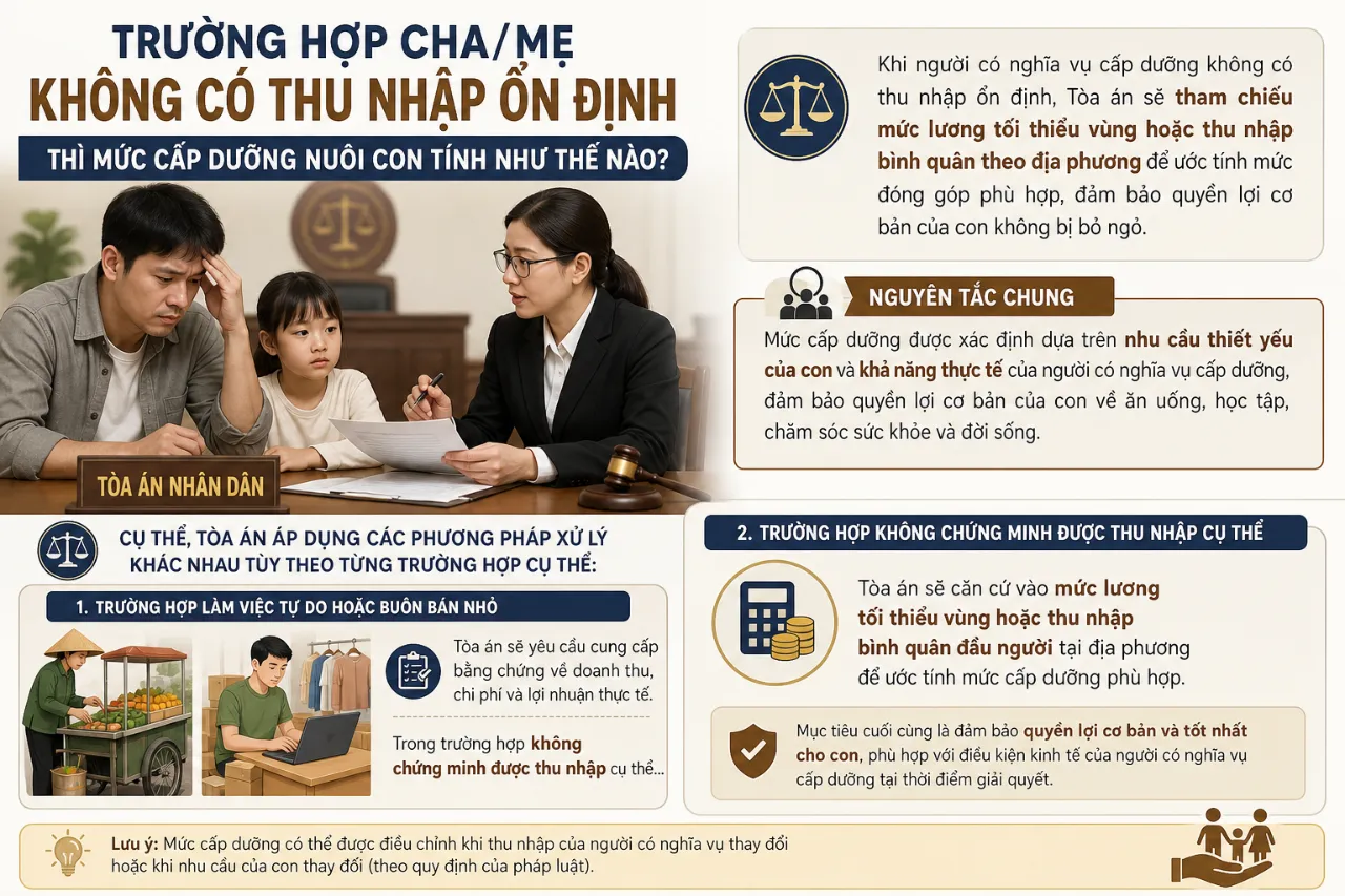 Trường hợp cha/mẹ không có thu nhập ổn định thì mức cấp dưỡng nuôi con tính như thế nào?