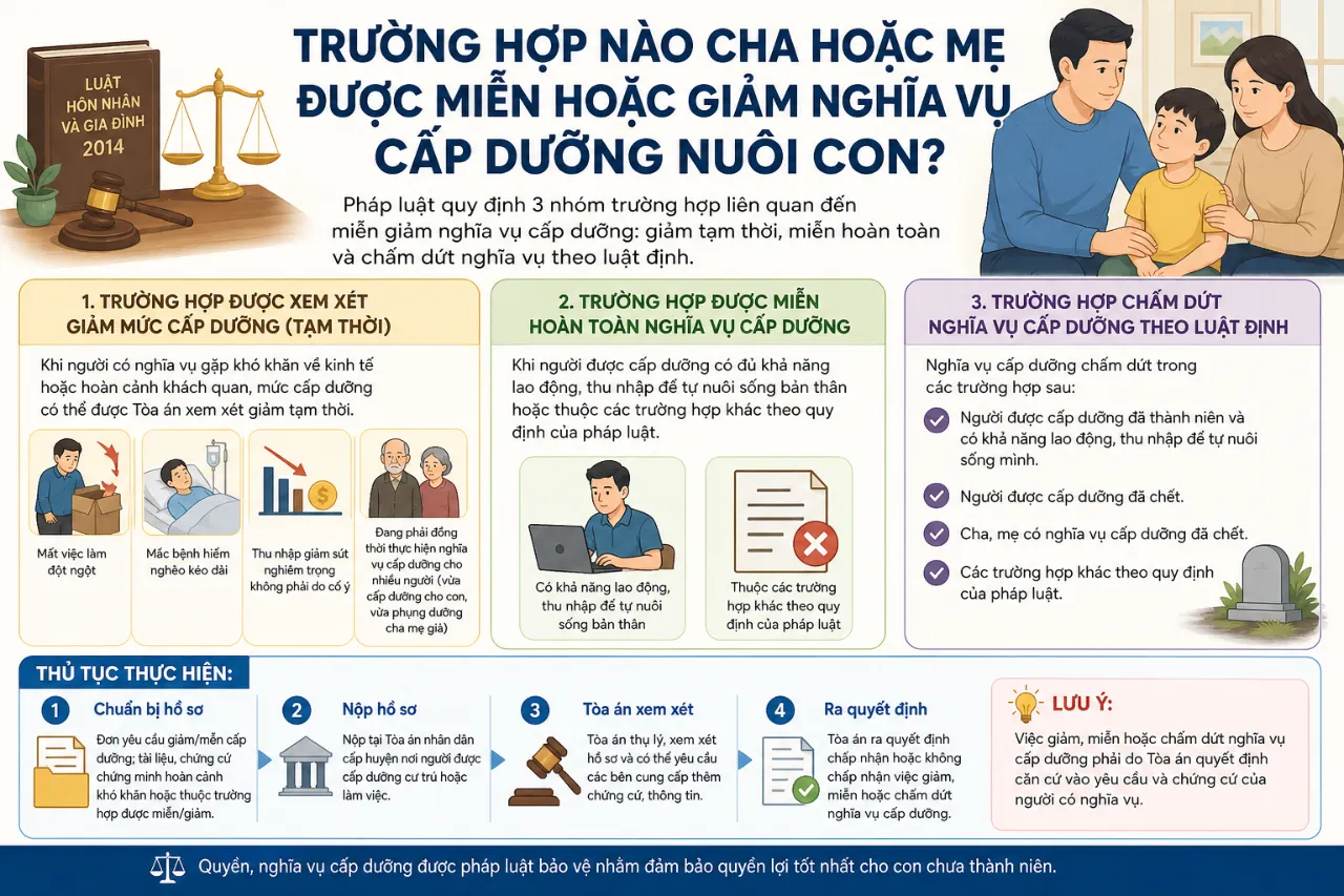 Trường hợp nào cha hoặc mẹ được miễn hoặc giảm nghĩa vụ cấp dưỡng nuôi con?