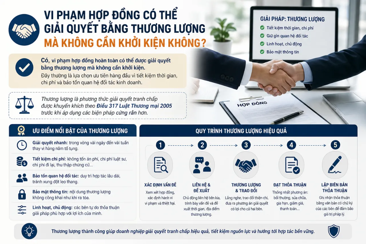 Vi phạm hợp đồng có thể giải quyết bằng thương lượng mà không cần khởi kiện không?