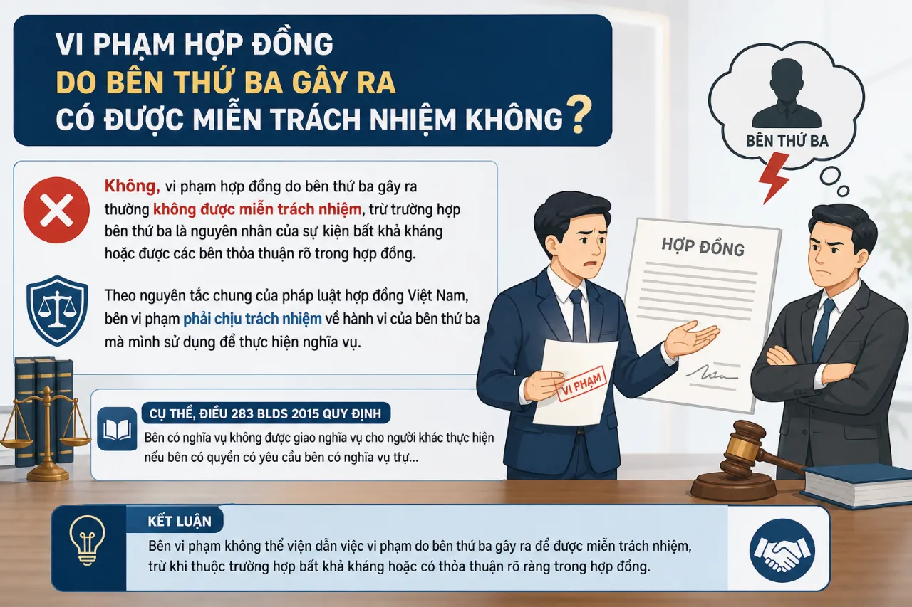 Vi phạm hợp đồng do bên thứ ba gây ra có được miễn trách nhiệm không?
