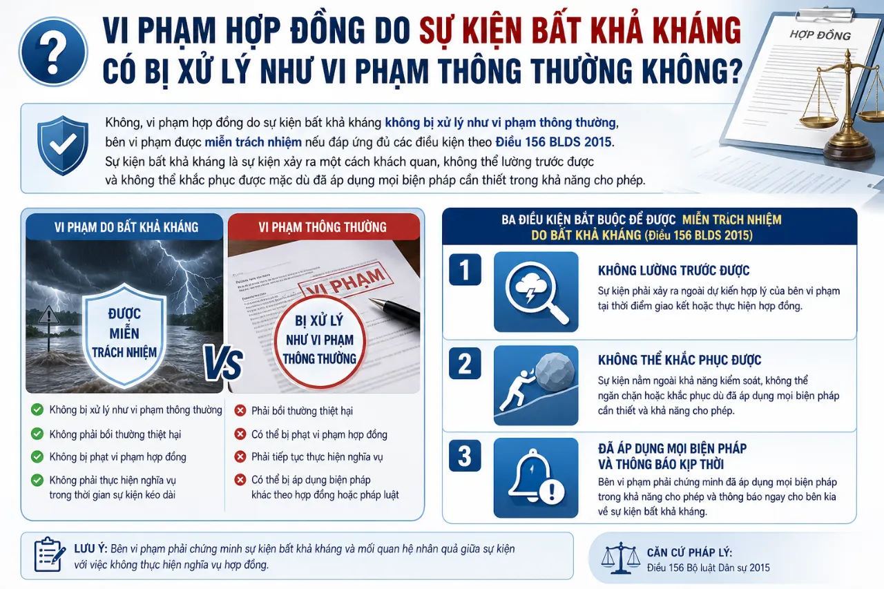 Vi phạm hợp đồng do sự kiện bất khả kháng có bị xử lý như vi phạm thông thường không?
