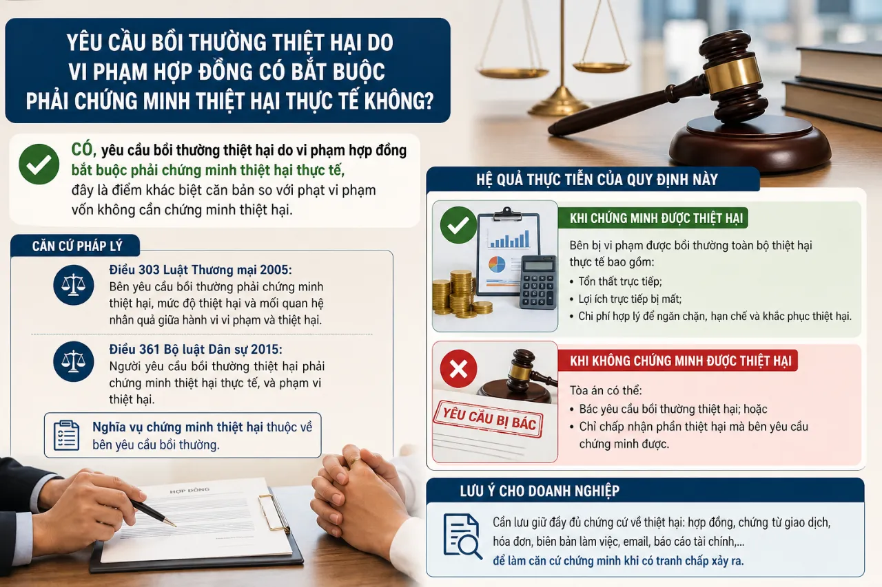 Yêu cầu bồi thường thiệt hại do vi phạm hợp đồng có bắt buộc phải chứng minh thiệt hại thực tế không?